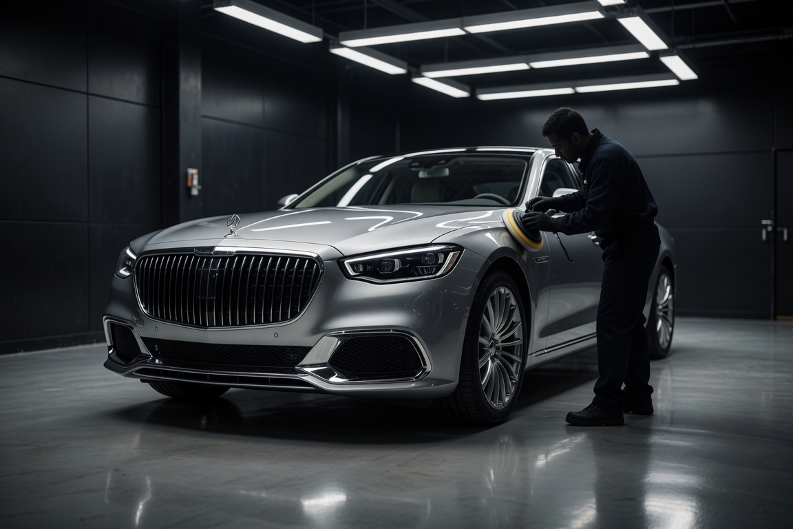 Silver luxury sedan being polished at R&M Collision Center